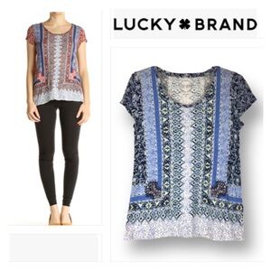 LUCKY BRAND Blue Border Print Linen Blend Top Tee Boho Style In Blue / Gray Sz S